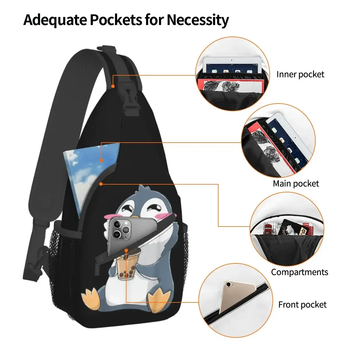 Penguin Boba Bubble Tea Milk Crossbody Sling Bag Small Chest Bag Anime Shoulder Backpack Daypack for Hiking Outdoor Biking Bag