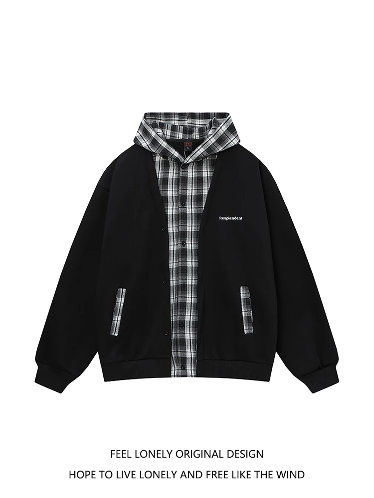 American Fashion Trend Plaid Patchwork Fleece Hooded Sweatshirt Jacket Unisex Autumn Winter Loose Casual Top
