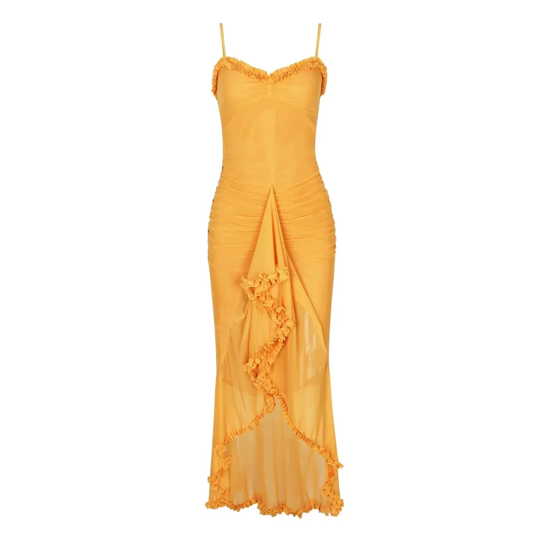 

Autumn Sexy Spaghetti Straps Mesh Pleated Irregular High Low Sleeveless Ruffles Dress