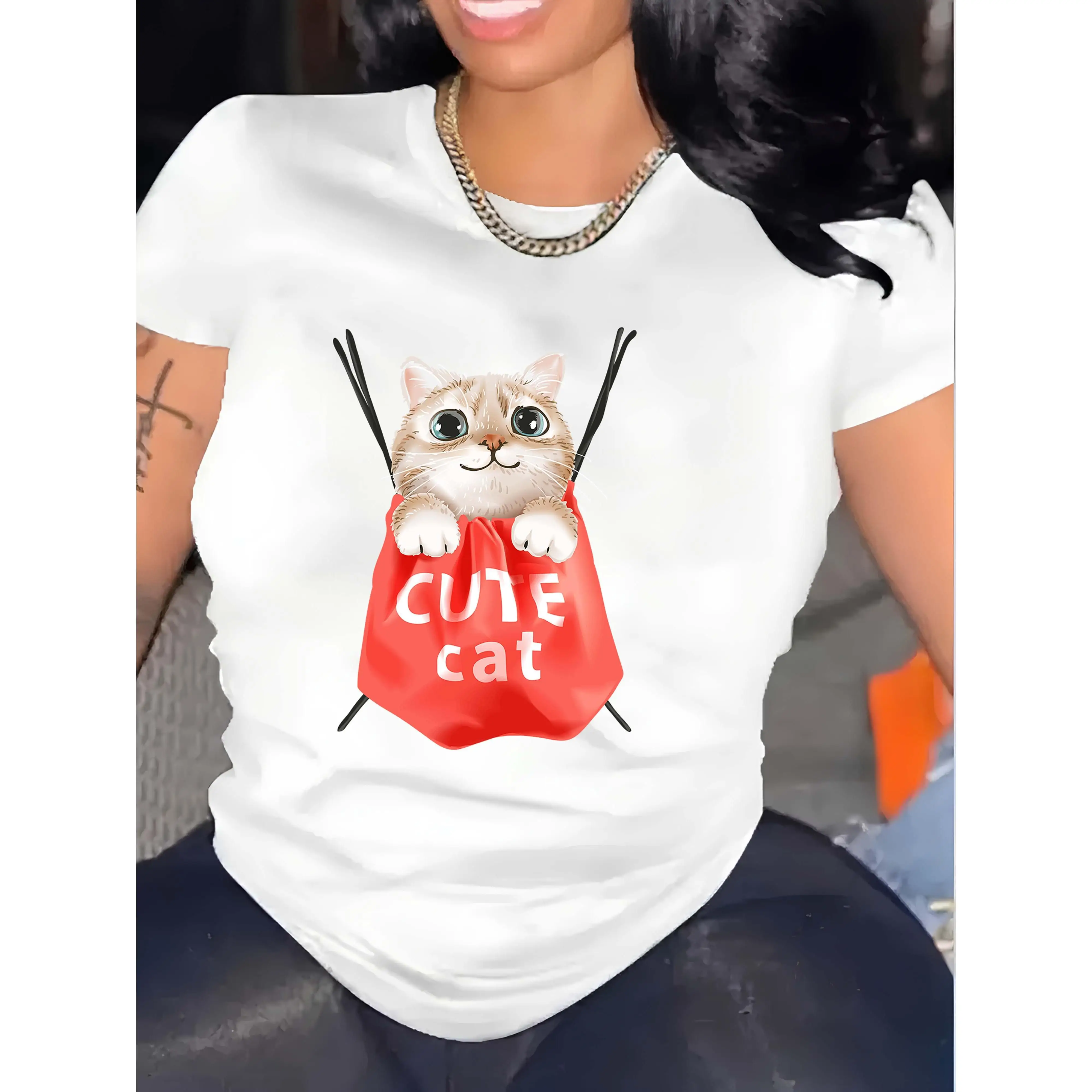 

Womens Pure Cotton White T shirt Purrfectly Adorable Cute Cat Cotton Tee