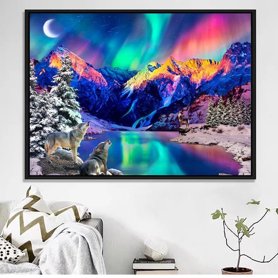 5D Diamond painting Art Aurora Borealis wolf ,Full Diamond embroidery Aurora inverted image landscape diamond mosaic home decor