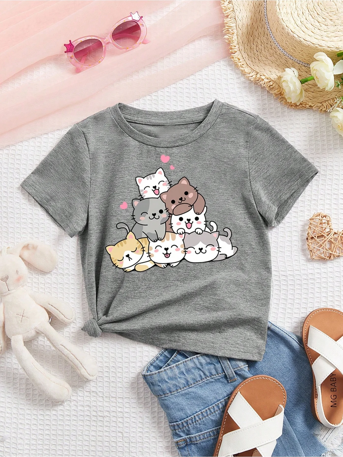 2026 casual and comfortable children's clothing, small dog print solid color round neck short sleeved top T-shirt