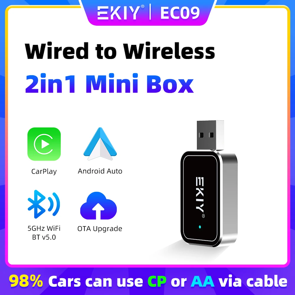 EKIY EC09 Mini Carplay Android Auto Wired To Wireless  Car Play Box Adapter Smart Ai Box Bluetooth WiFi Spotify Connect