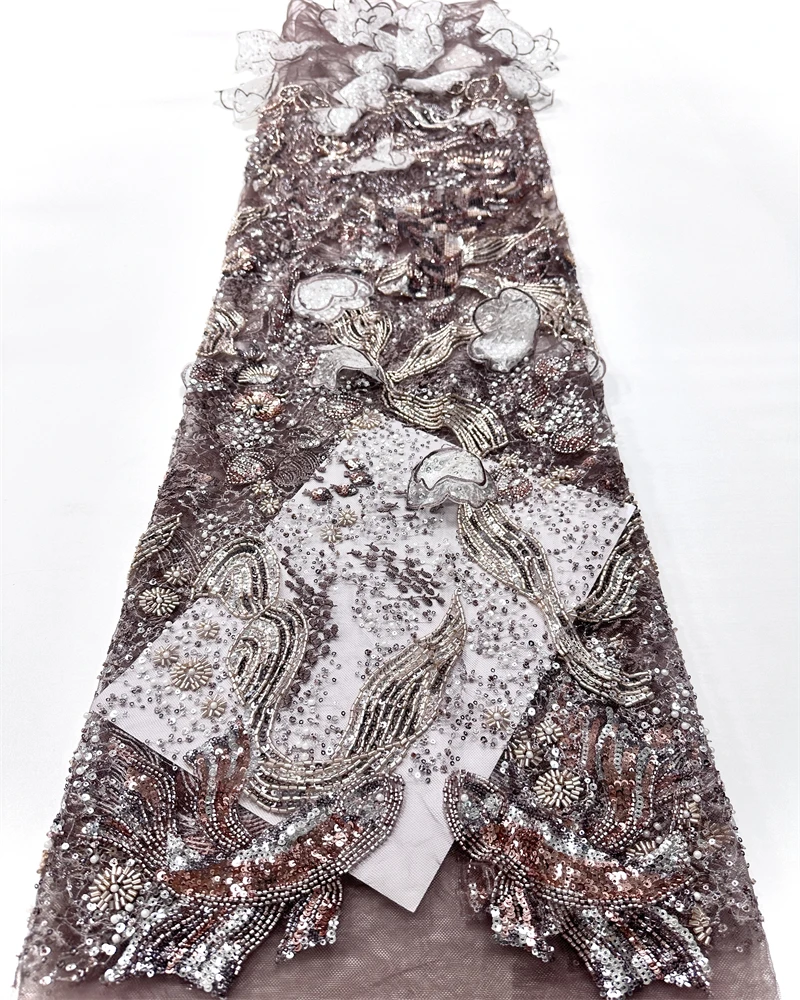 

2025 Luxury French Mesh Embroidery Beaded Lace Fabric African Nigerian Sequins Lace Fabric For Wedding Dress Sewing Material