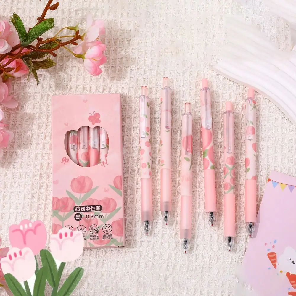 

6Pcs/Box Creative Pink Tulip Gel Pen Large Capacity Quick-Drying Black Ink Pen 0.5mm ST Nib Signature Pen Student