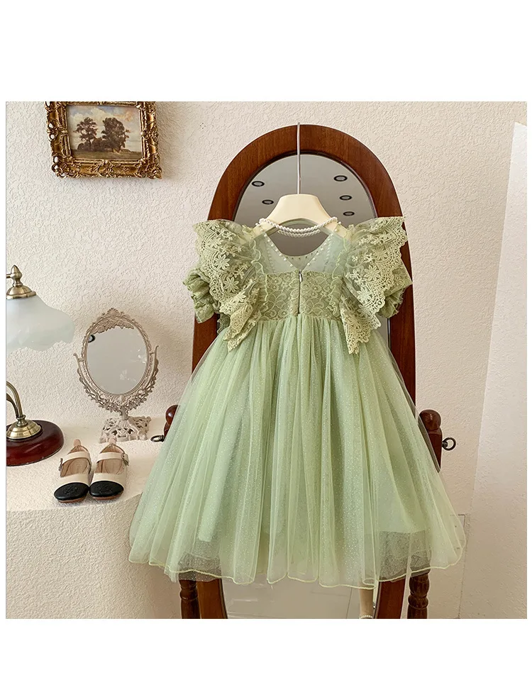 

Детская кружевная юбка из тюля с развевающимися рукавами и объемной сверкающей тюлевой юбкой, летнее элегантное светло-зеленое модное платье для девочек