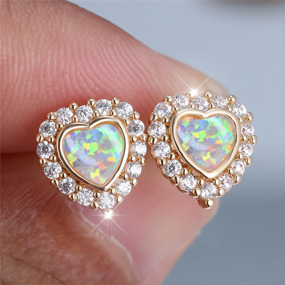 Cute Female White Fire Opal Stone Heart Stud Earrings Gold Color White Zircon Wedding Jewelry For Women