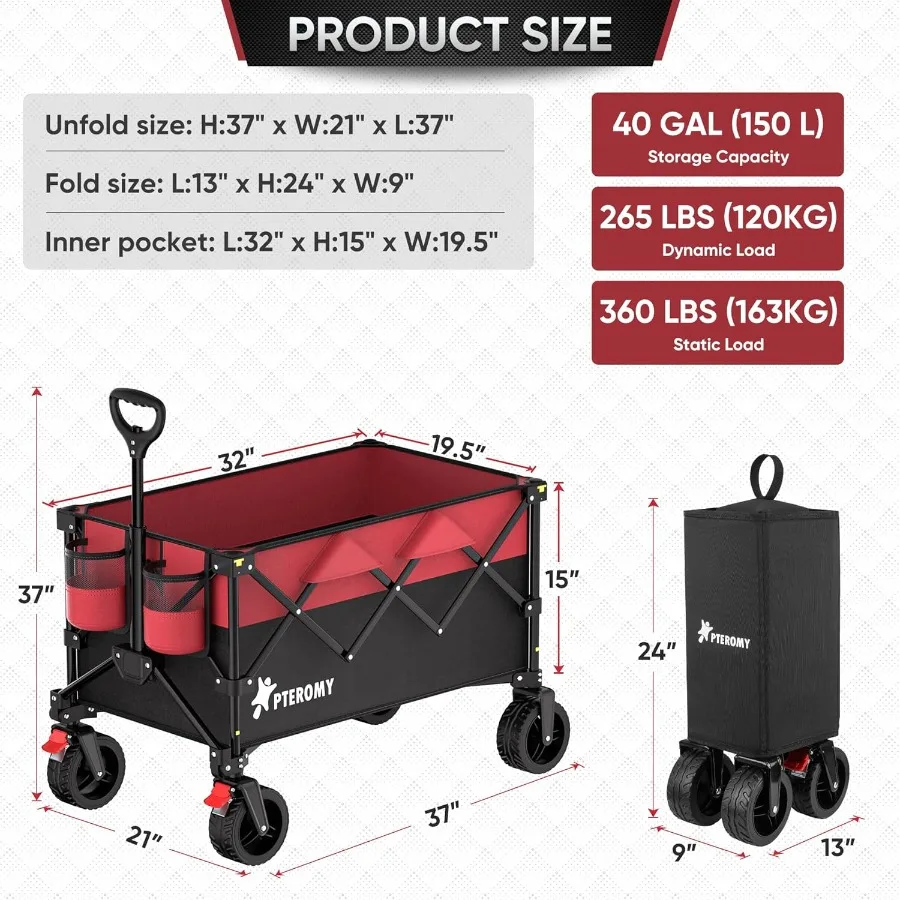 عربة عربة قابلة للطي سعة 150 لترًا مع سعة تحميل 360 رطل للتسوق والتخييم والحديقة والبقالة والاستخدام الخارجي بتصميم قابل للطي في Bl