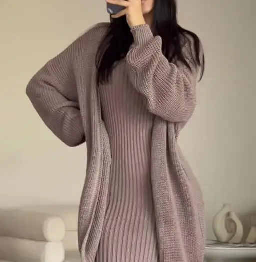 

Женские платья, наряды, темперамент, осень и зима, новый повседневный кардиган с круглым вырезом, тонкий кардиган в ленивом стиле, вязаный костюм, юбка