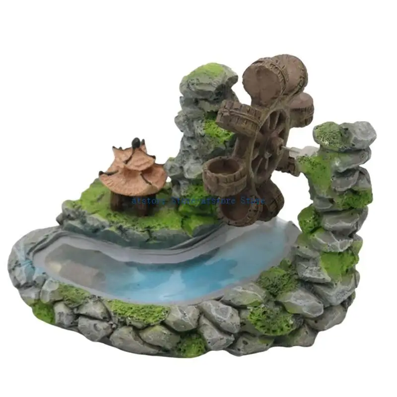 

H37D Aquariums Landscaping Resin Waterwheel with Pavilions and Stream Fishtanks Shelter Scene Figurine for Fish and Shrimp