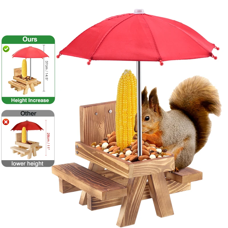 Squirrel Feeder, With Umbrella And Corn Cobs Holder, Outdoor Squirrel Picnic Table Bird Feeder With Bench Hanging Feeding Table