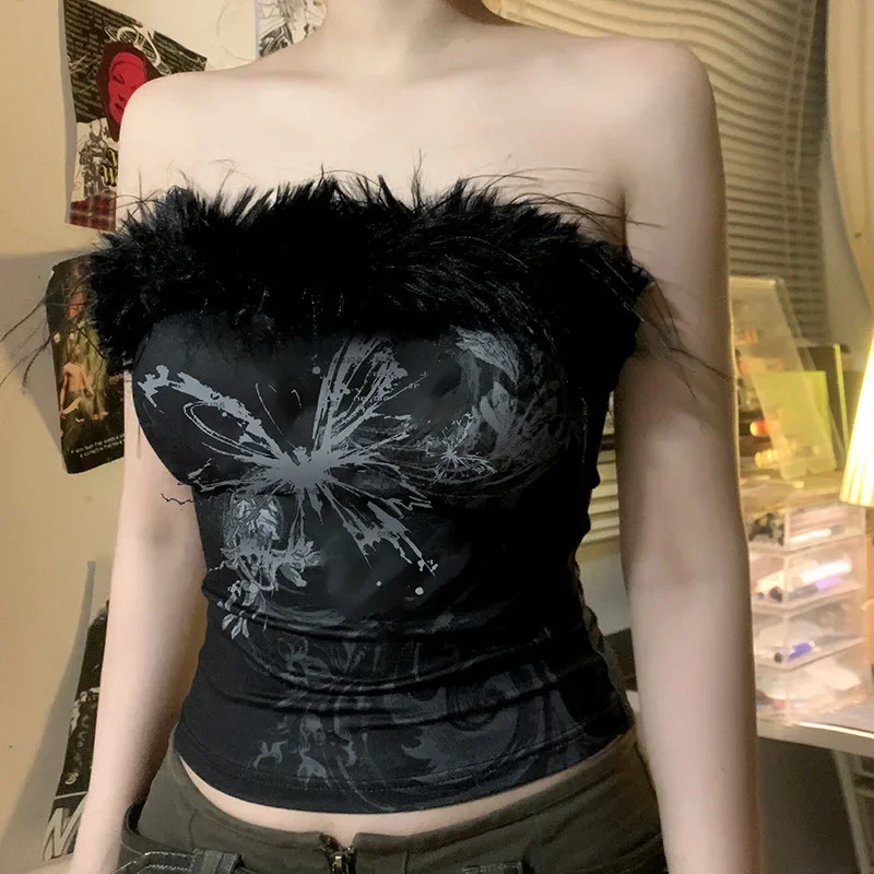 Dark Fur Trim Tube Top Gothic Sexy Slim Slash Neck Sleeveless Tank Tops Women 2024 Autumn Winter Fashion Holiday Lady