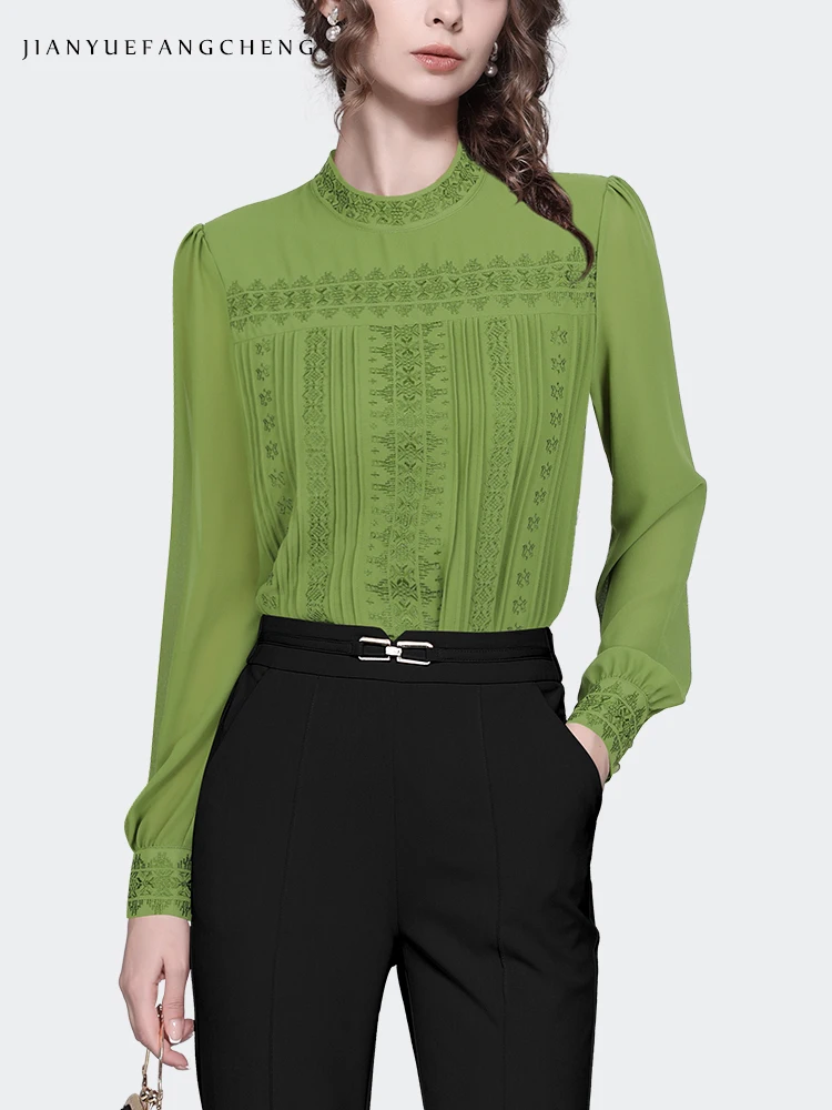 Fashion Embroidered Pleated Green Women\' Chiffon Top Long Sleeve Crew-neck Blouse Loose Casual Spring Summer Office Lady Blouses