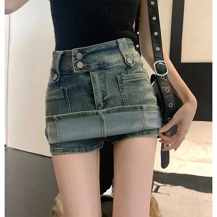 

High Waisted Spicy Girl Design Denim Skirt Women's Summer Mini Skirt A-line hip Hugging Skirt Pants