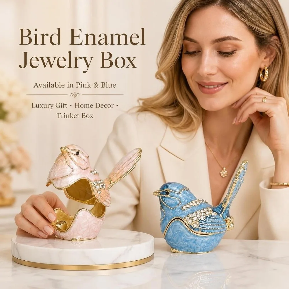 Bird Shaped Enamel Jewelry Box‌ Crystal Hand Painted Enamel Bird Trinket Box Jewelry Storage Box Hinged