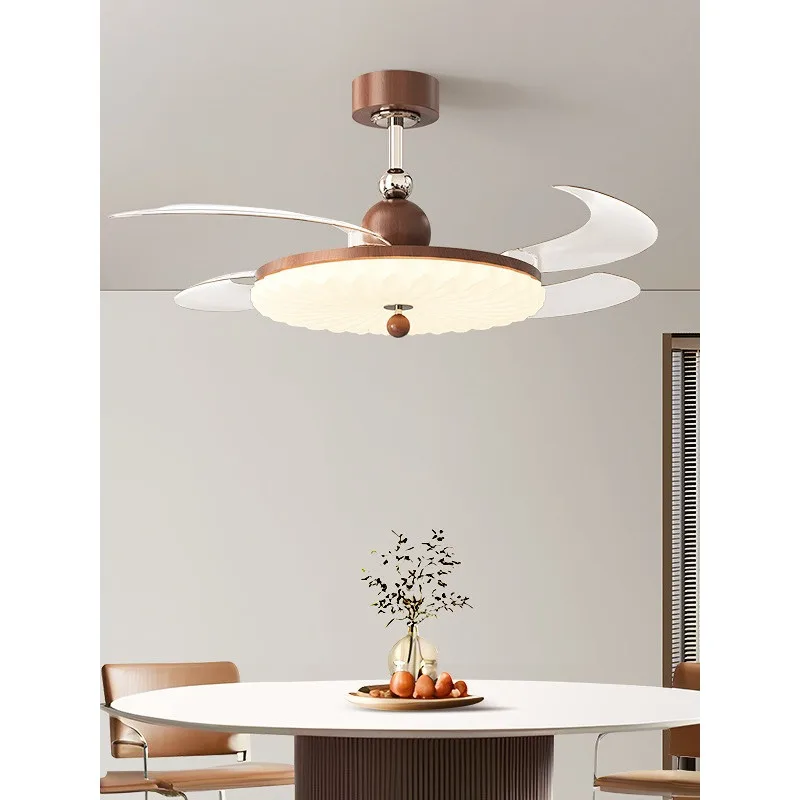 New Chinese Style Wood Grain Invisible Ceiling Fan Light, Medieval Retro Silent Fandelier for Bedroom Dining Living Room