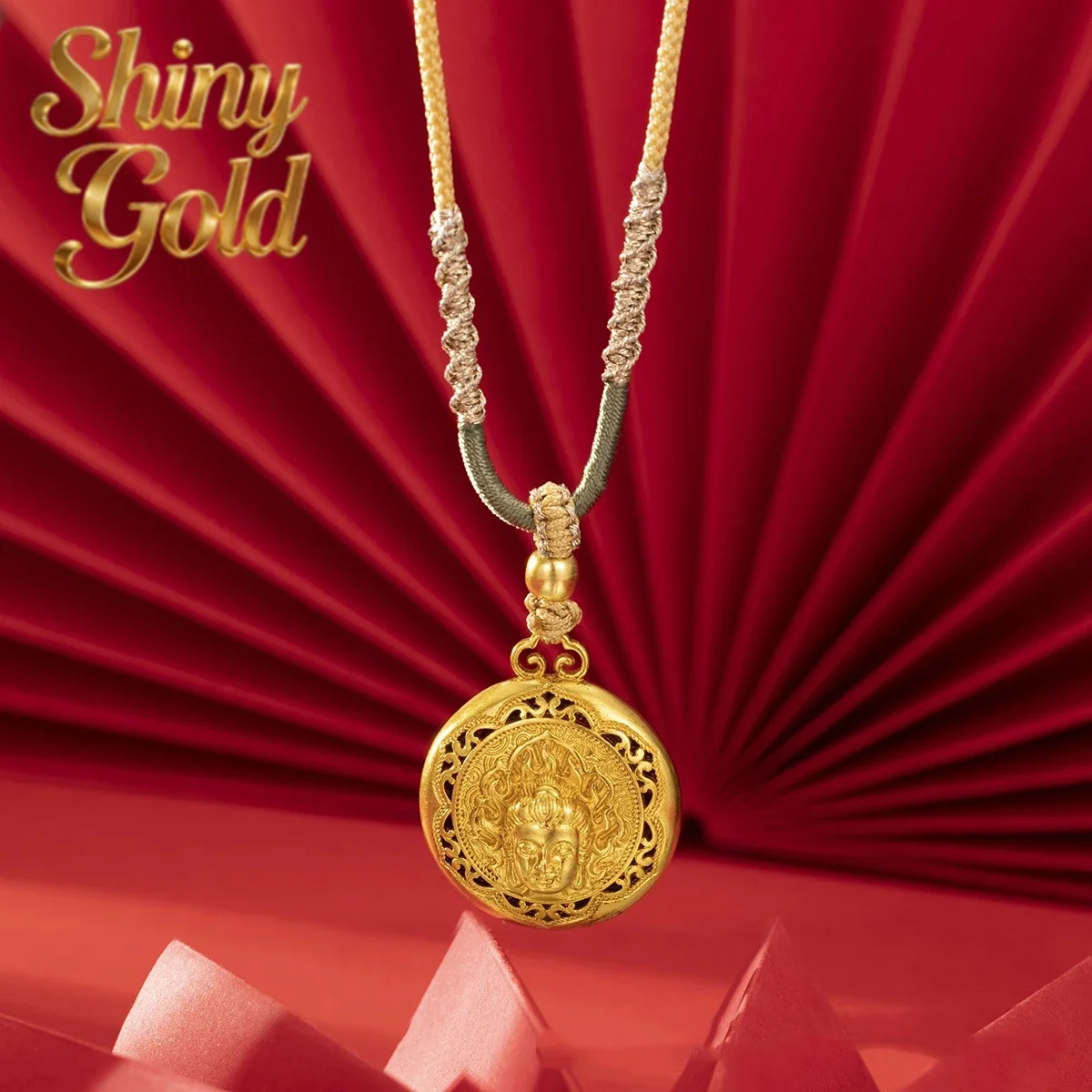 ShinyGold Luxury design 24K real gold Buddha head eight treasure compass pendant men and women necklace au999 pure gold fine pen