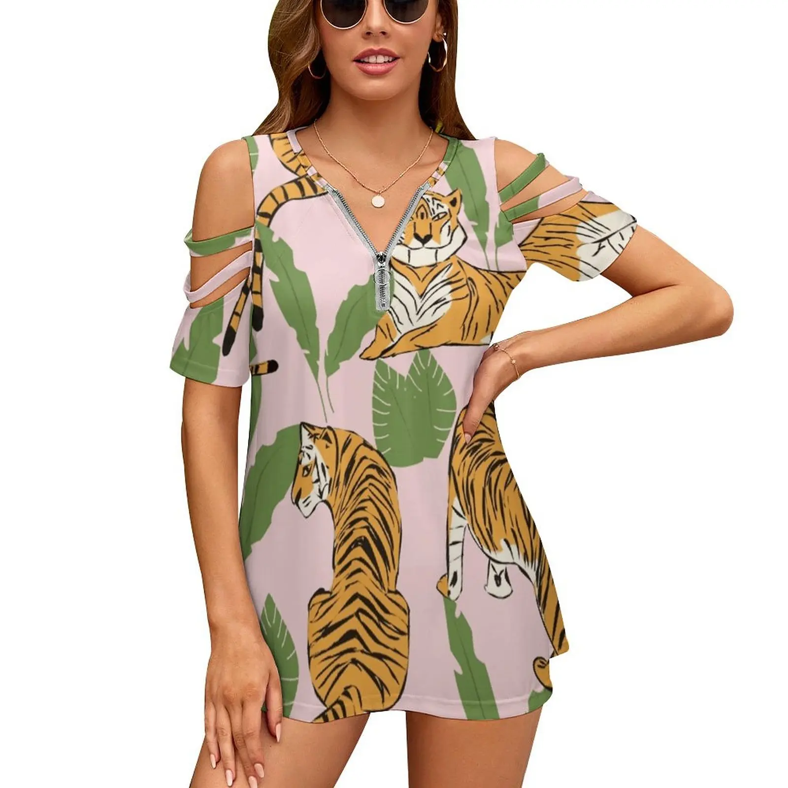 Tiger Pattern 008 Women's T-Shirt New Fashion Printed Zipper V-Neck Short Sleeve T Shirts Casual Plus Size Tiger Seamless