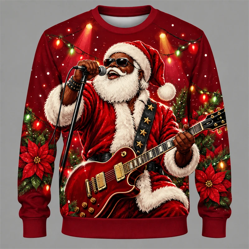 3D Print Rock Santa Guitar Graphic Men Ugly Christmas Sweater Unisex Crewneck Pullover Music Lover Holiday Sweatshirt Y2k Tops