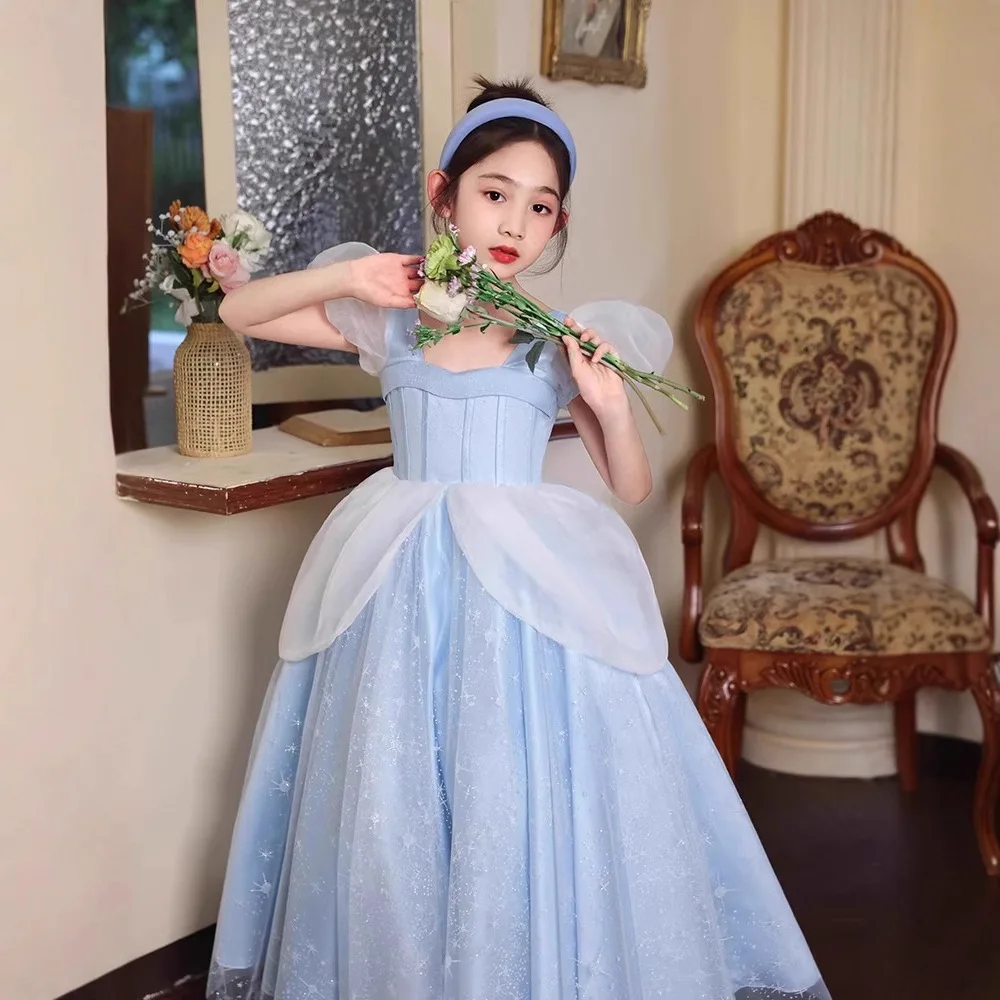 

Новинка 2025, модное синее детское платье для выступления на фортепиано, день рождения, детское элегантное длинное платье принцессы для девочек