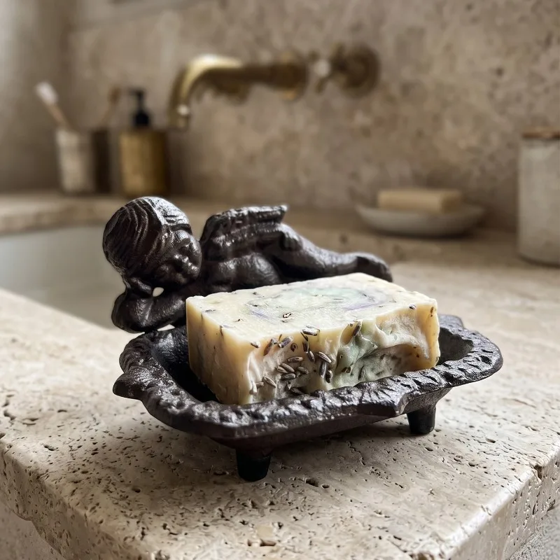 Vintage Cast Iron Angel Soap Dish,Distressed Metal Soap Tray,Drainable Soap Holder,Bathroom Sink Decor Ornament bathroom gadgets
