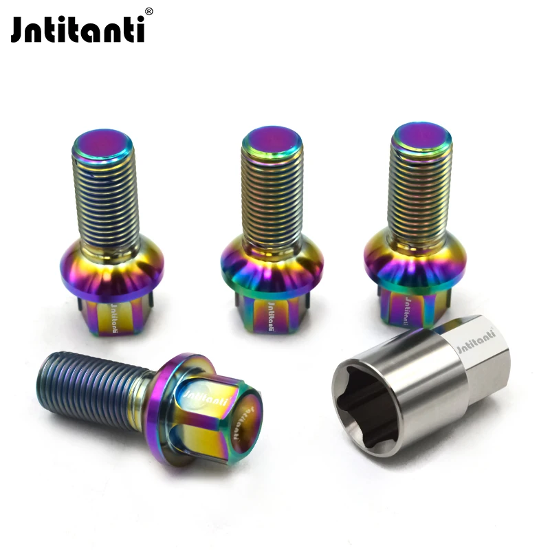 Jntitanti Anti-Theft Concave Head Spherical Seat Gr.5 Titanium Wheel Bolt M14x1.5 for VW Audi Cars Wheel with Titanium Key