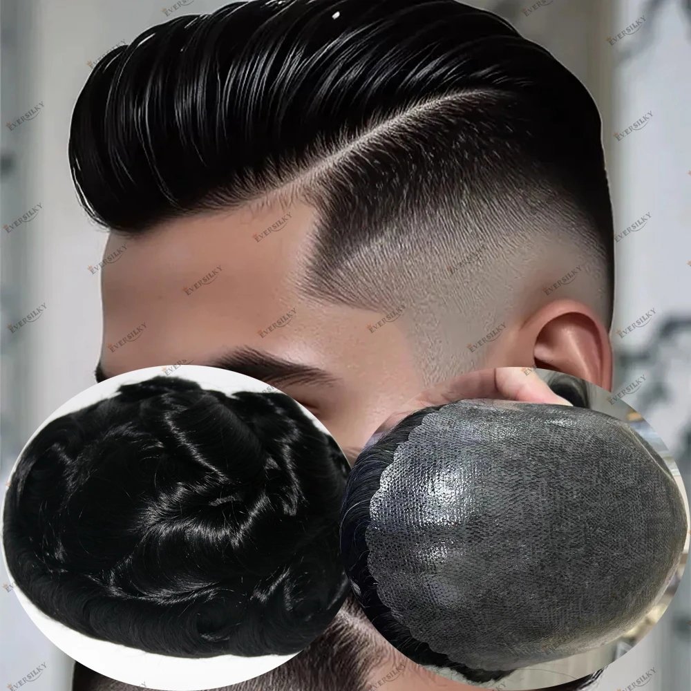 شعر بشري أسود شعر مستعار لتساقط الشعر الذكور 100% شعر بشري شعر مستعار للرجال 0.12 مللي متر حقن سوبر دائم أرخص قاعدة الجلد الاصطناعية #1