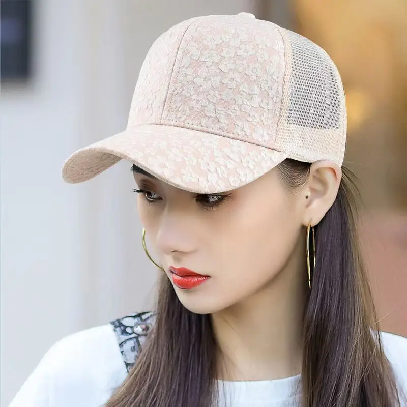 

Breathable Mesh Baseball Cap with Floral Heart, Pleated Design Women's Sun Hat for Protection, Spring Summer Fashion Peaked Cap