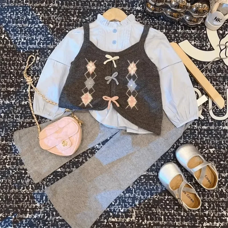 

Korean Autumn Children Girl 3PCS Clothes Set Cotton Solid Blouse Suit Contrast Argyle Bow Knitwear Vest Soft Bell-bottoms Outfit