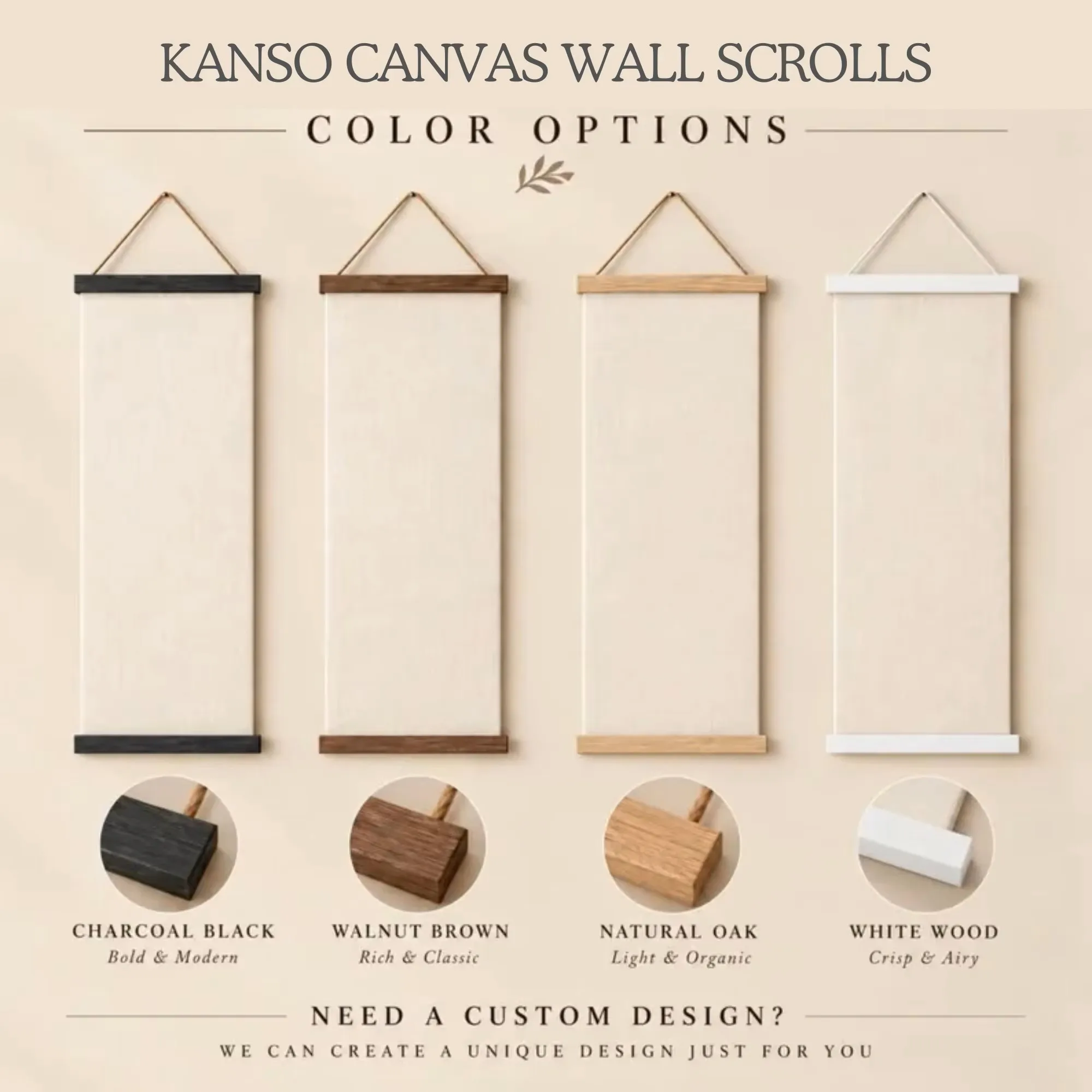 Magnetic Scroll Painting Wood Rods, Choose Rod Color, Upload Image To Custom Decor Art, Walnut/Oak/Teak/Pine/White/Black Rods