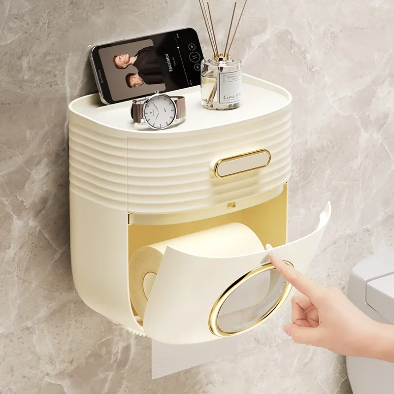 White Toilet Paper Holder Bathroom Storage Rack Tissue Box Non Punched Waterproof Storage Rack Accessories 4