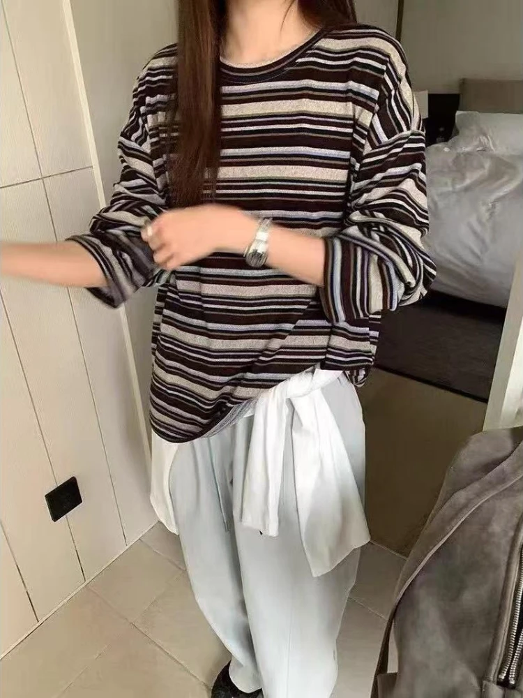 

​Autumn Striped South Korean Style Oversized Tee Women Trendy Loose Fit Long Sleeve Top Casual Basic​