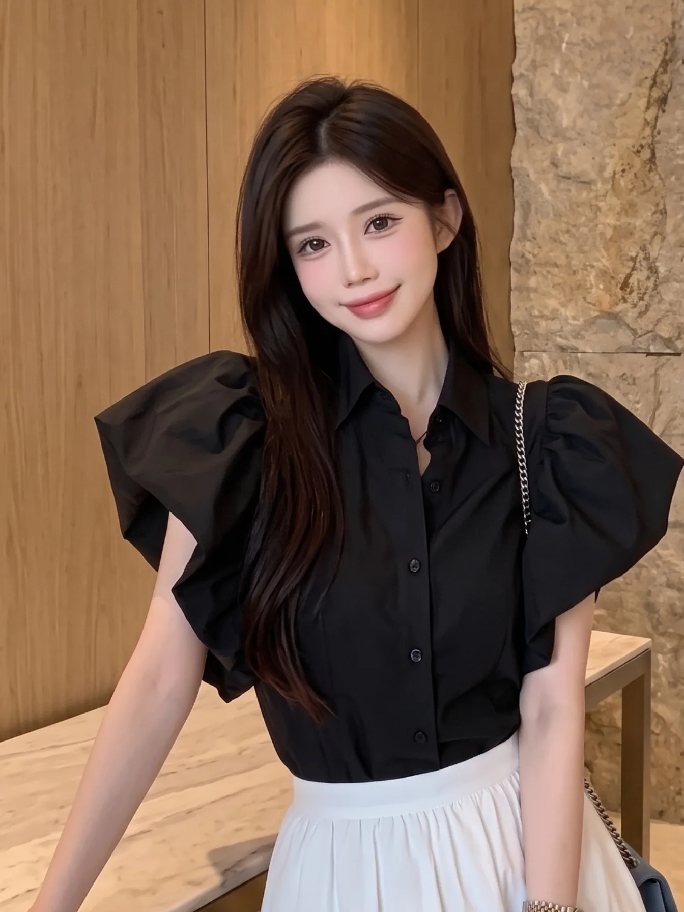 Elegant Black Slimming Bubble Sleeve Shirt Single Button Flip Collar Court Style Top Versatile Fashionable Women's Summer Blouse
