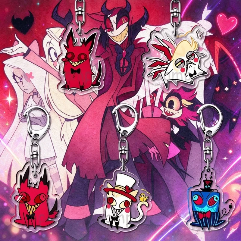 Hazbin Hotel Cute Cat Style Acrylic Keychain Q Version Alastor Lucifer Vox Husk Character Key Ring Anime Pendant Cartoon Gift