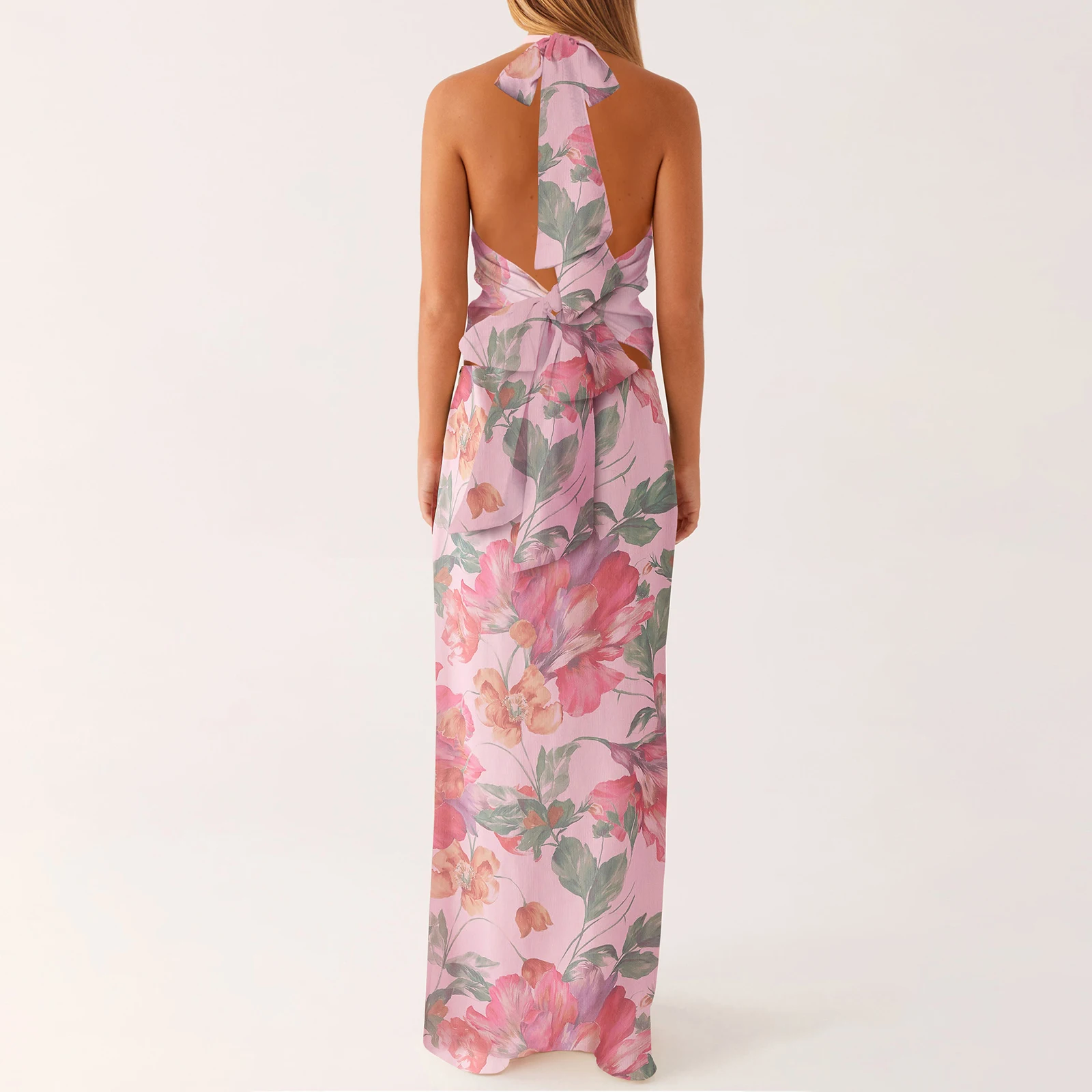 Women Summer Back Tie-up Halter Long Dresses Fashionable Flower Print Backless V Neck Slim Fit Sleeveless Dress