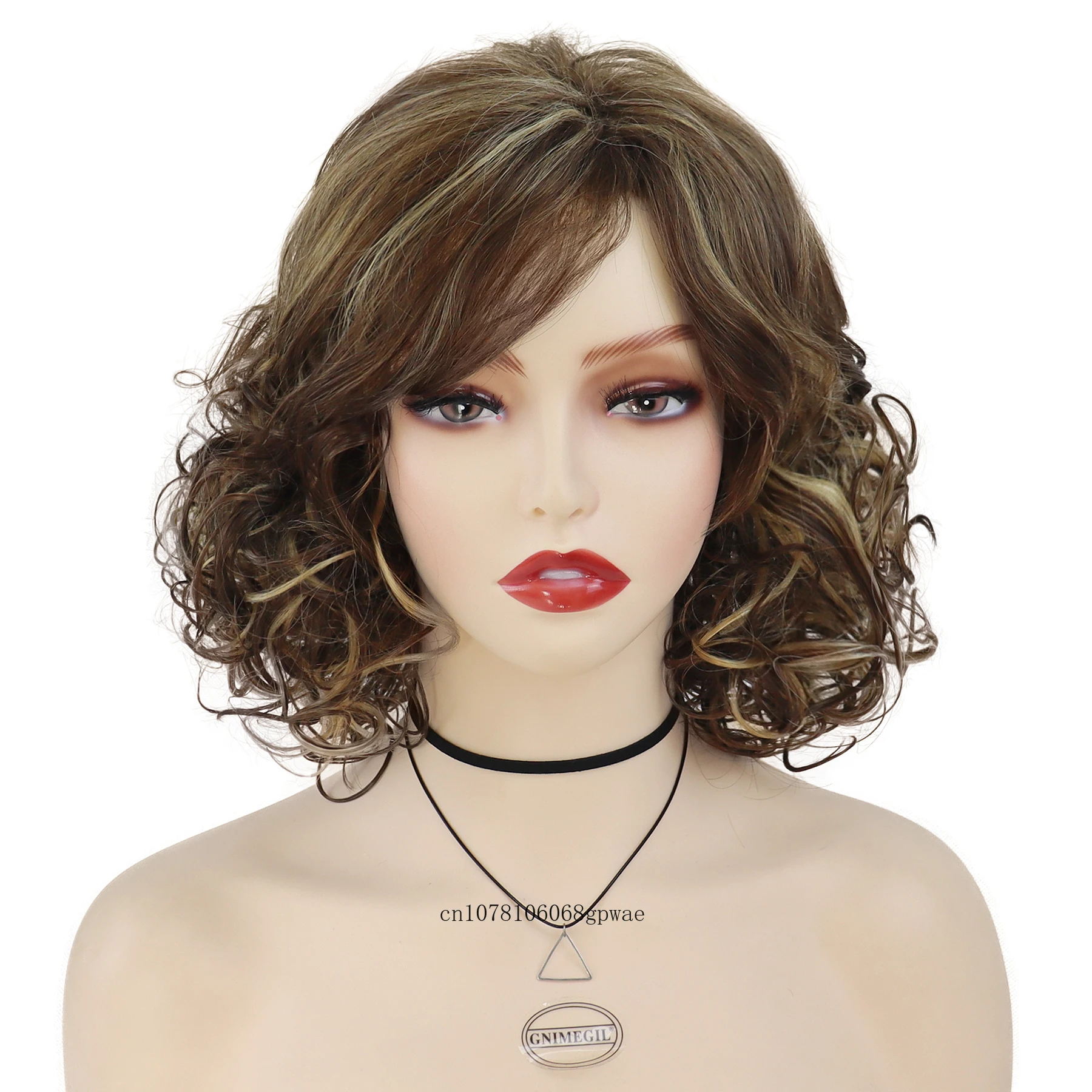 Mix Brown Wig Synthetic Hair Bob style Short Fluffy Curly Wig with Bangs for Women Ladies Daily Cosplay Mommy Wig Heat Resistant