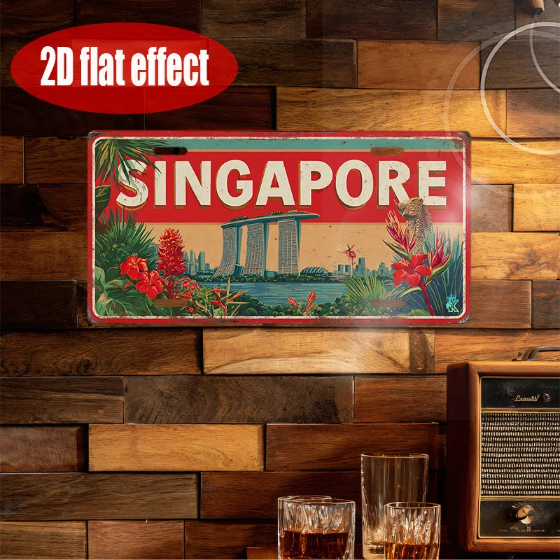 Vintage Metal License Plate 2D Flat 1pc Singapore Skyline And Floral Sign for Decoration