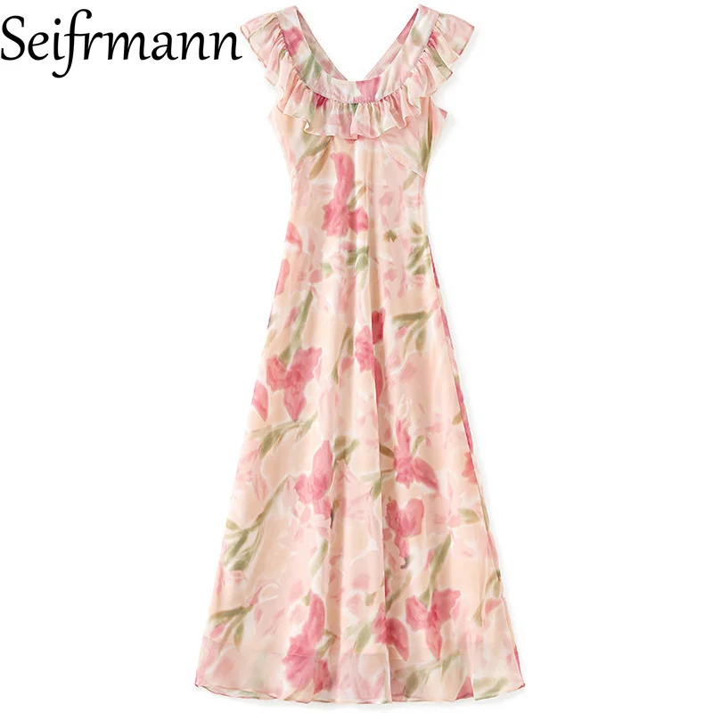 Seifrmann Abito lungo da donna alla moda con stampa floreale senza maniche con bordo a balze Splicing Abiti da ballo casual a vita alta