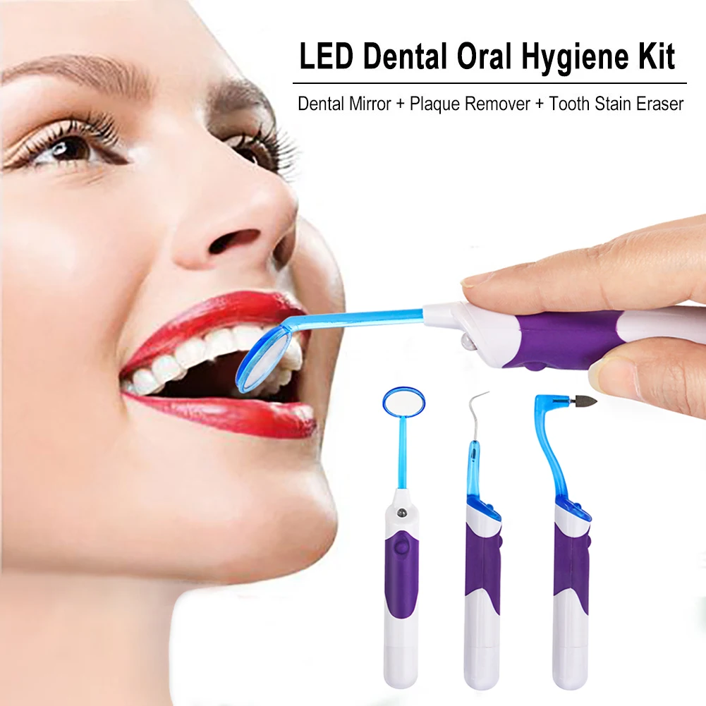 3Pcs/set LED Oral Hygiene Care Cleaning Instrument Kit Dental Mouth Mirror + Teeth Polishing Bur + Probe Scraper Plaque Remover