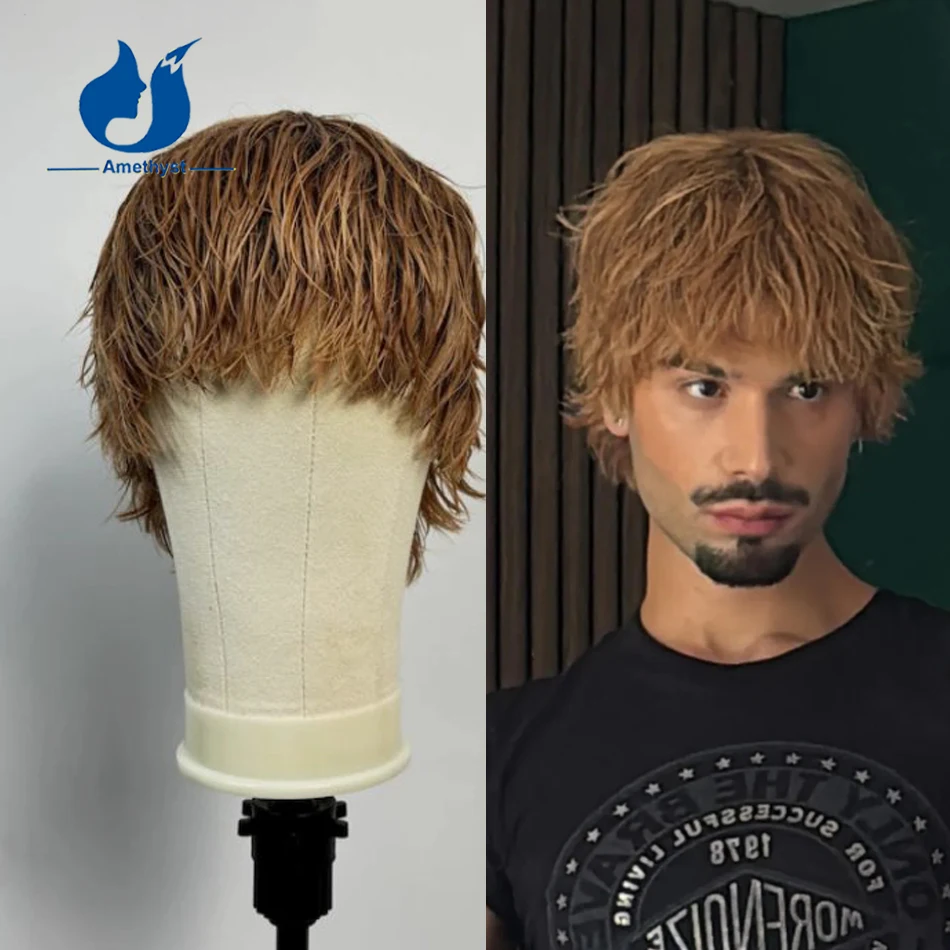 

Amethyst Wet Short Blonde Wig for Men Brazilian Remy Human Hair Scalp Top Full Machine Made Wig with Bang Straight Copper Brown