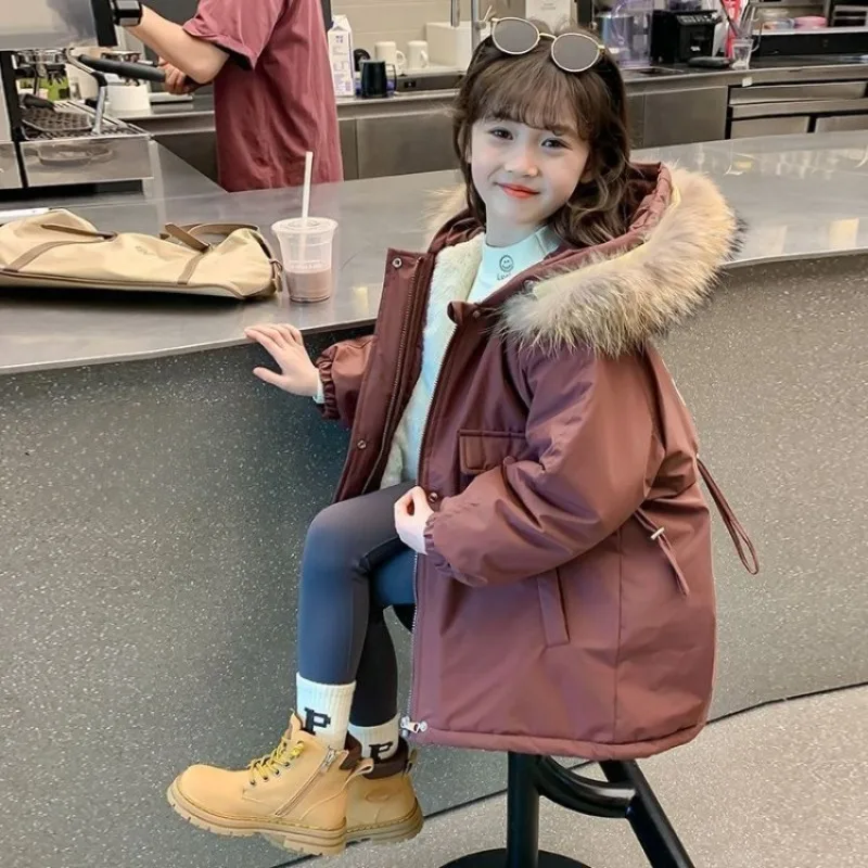 Girls' 2025 Winter Parka Coat - Faux Fur Lined Thickened Kids' Cotton Puffer Jacket, Stylish & Warm Winter Wear for Children