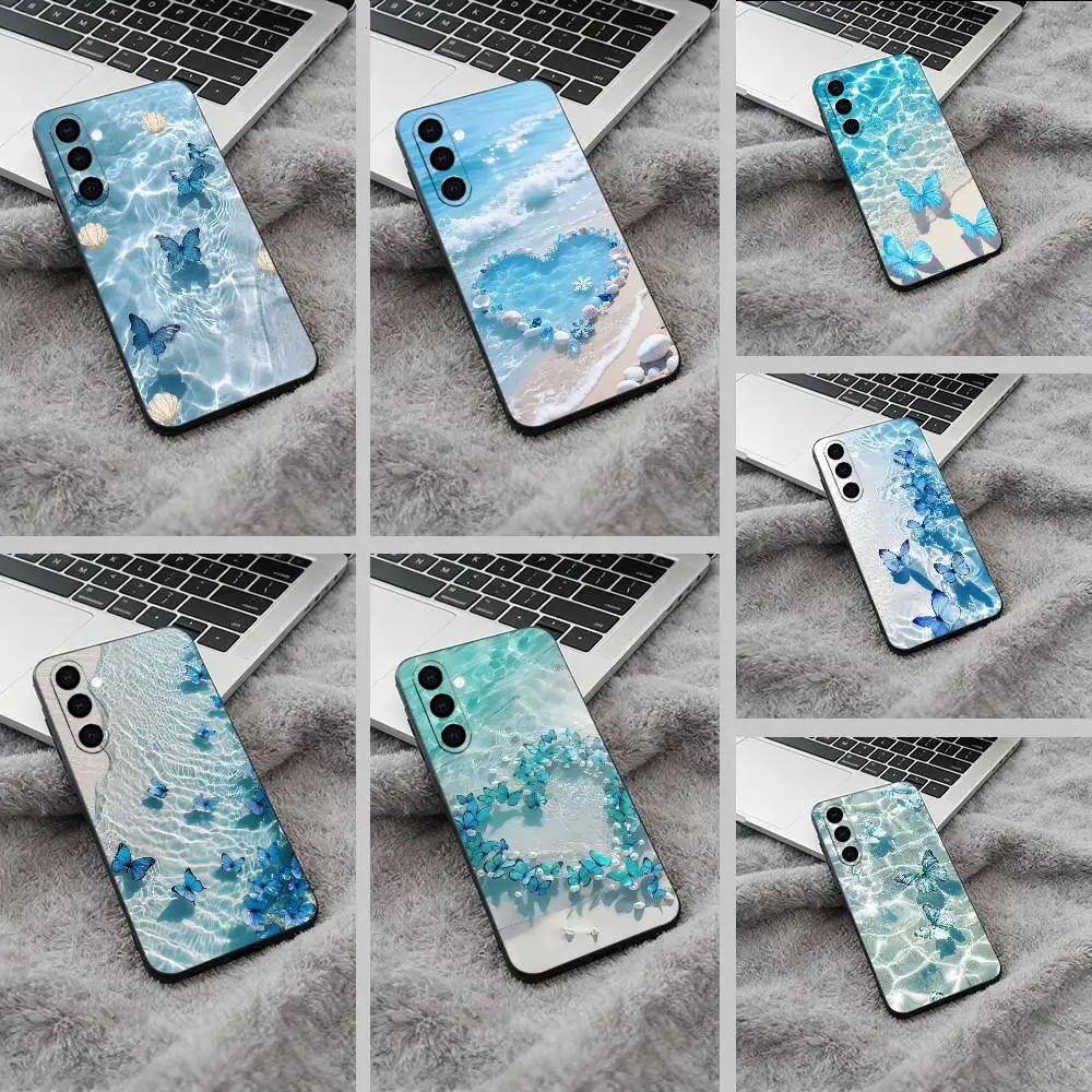 Blue Butterfly Ocean wave  Black Soft Silicone Phone Case for Samsung Galaxy A73, A71, A72, A70, A53, A52, A51