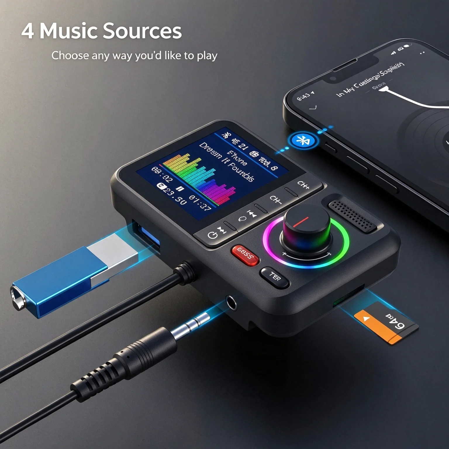 BT98L Car Bluetooth FM Transmitter Color Screen MP3 Player QC3.0 Fast Charger Hands‑free Call Support U Disk TF Card AUX BASS TR