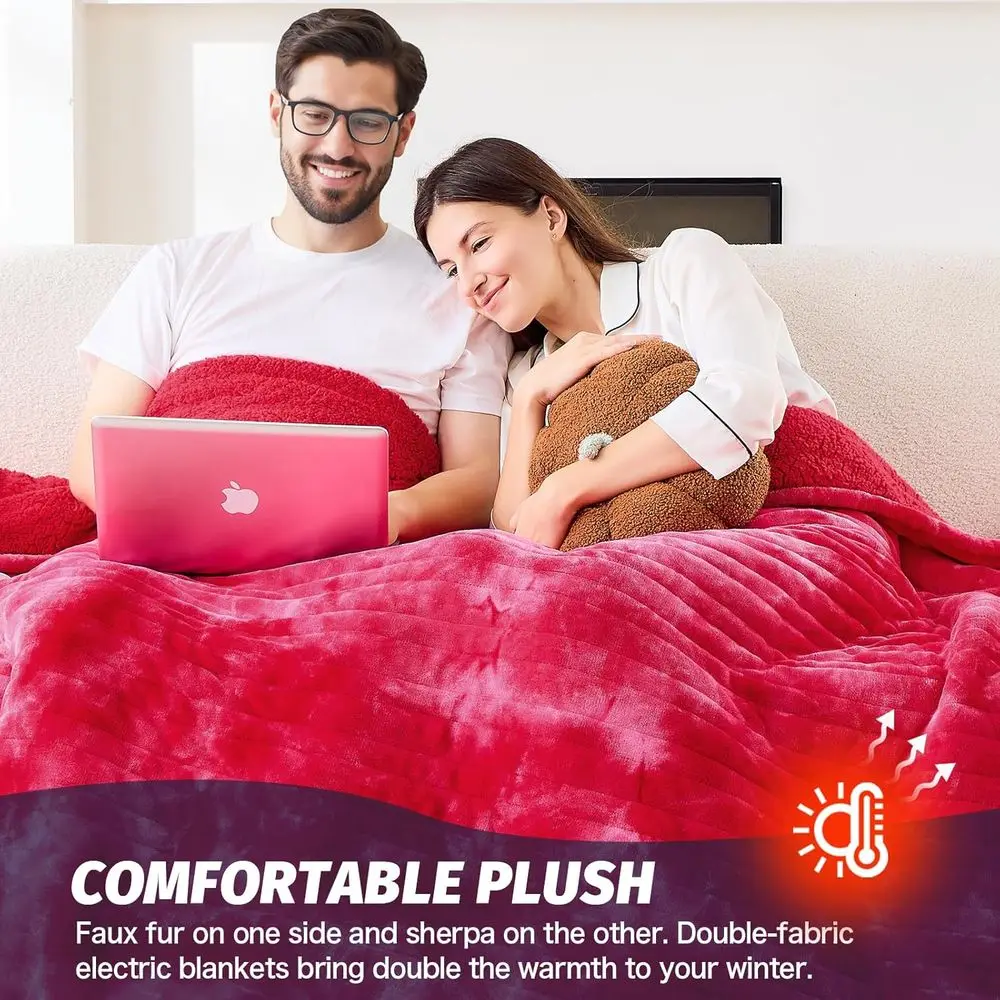 بطانية كهربائية من الفرو الصناعي، مؤقت 5 أوضاع و10 مستويات حرارية، 72 × 84 أحمر لدفء سرير الأريكة المريحة #2