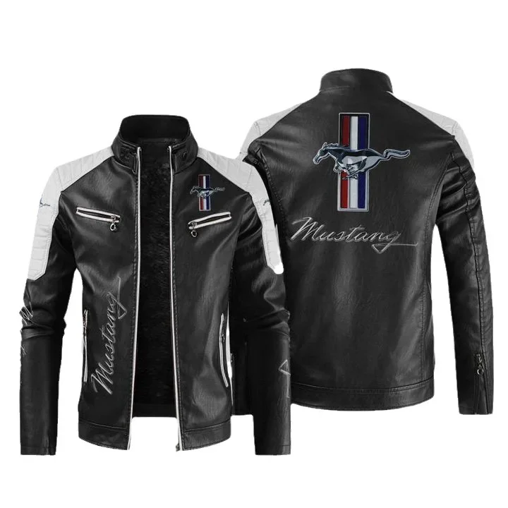 Autumn New Causal Vintage Leather Mustang logo Jacket Coat Men Spring Outfit Design Motor Biker Pocket PU Leather Jacket Men