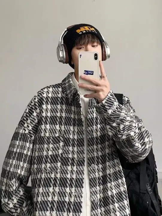 

Preppy Plaid Jaet Men's Autumn New High-End Sle Haome Men's Clothing Trendy Brand Outerwear Couple's irt Sle Jaet