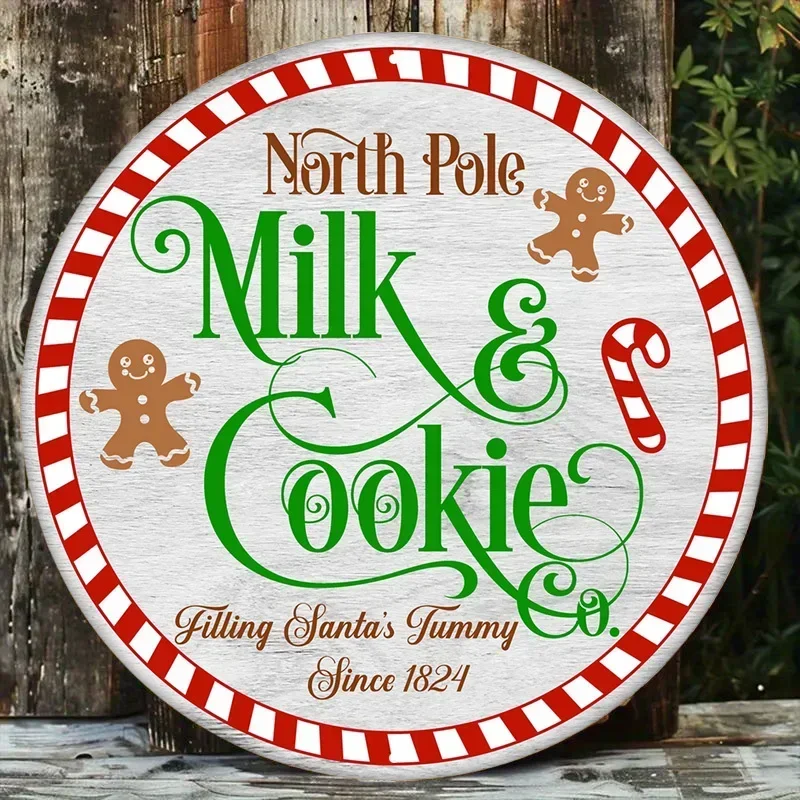 Letrero vintage de aluminio de North Pole Milk & Cookies Co. - Decoración de pared redonda retro de 1 pieza con motivos de pan de jengibre y bastones de caramelo para bar