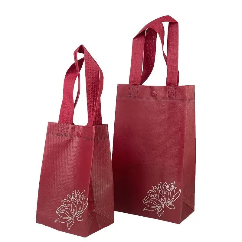 Reusable Waterproof Nonwoven Gift Bag Lotus Print Snap Closure Wedding Party Holiday Shopping