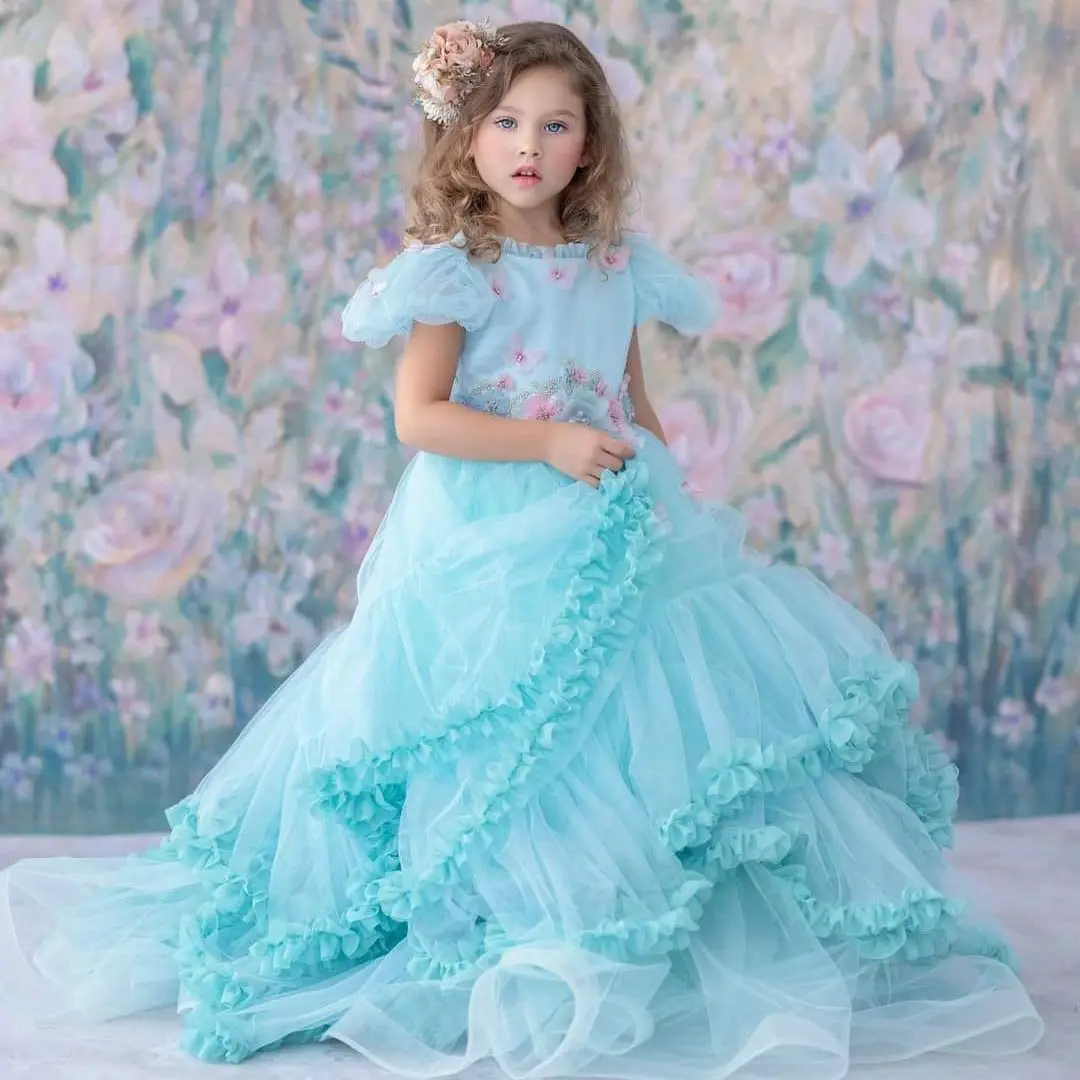 Cute Boho Flower Girls Dresses Tulle Ruffles Appliqued Litter Kids Birthday Dress Communion Party Gowns