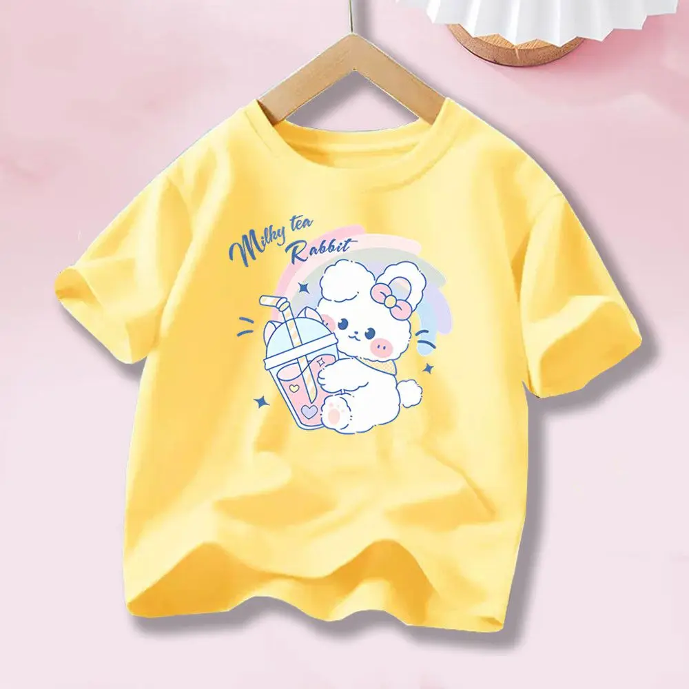 Girls T-shirt with Cute Rainbow Standing Rabbit Print, Short Sleeve Floral T-shirt, Children Short Sleeve Cotton Tops 3-14 Years